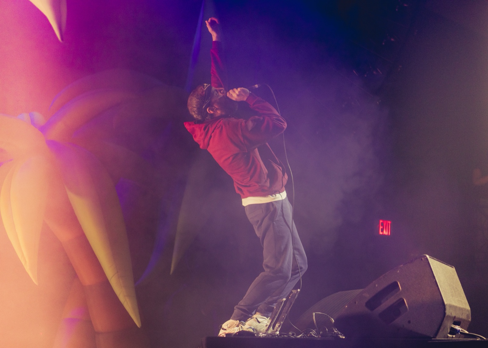 A performer in a red hoodie leans back with a microphone and one fist raised in stage haze beside a glowing inflatable palm tree.